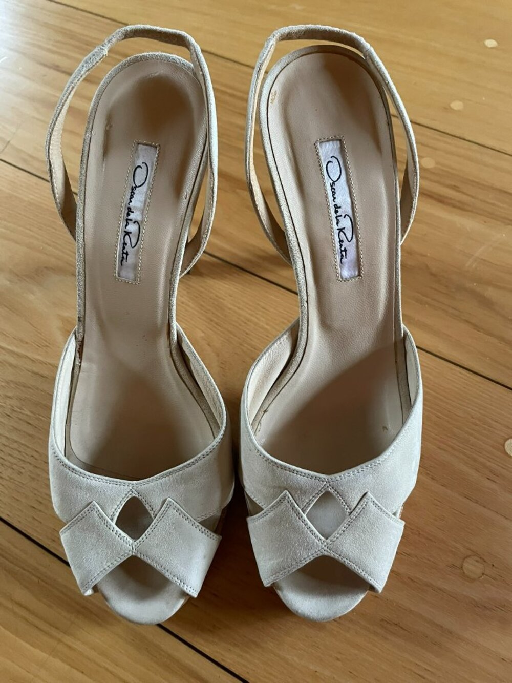 Oscar de la Renta Cream Suede Cork heel platform slingback sandals